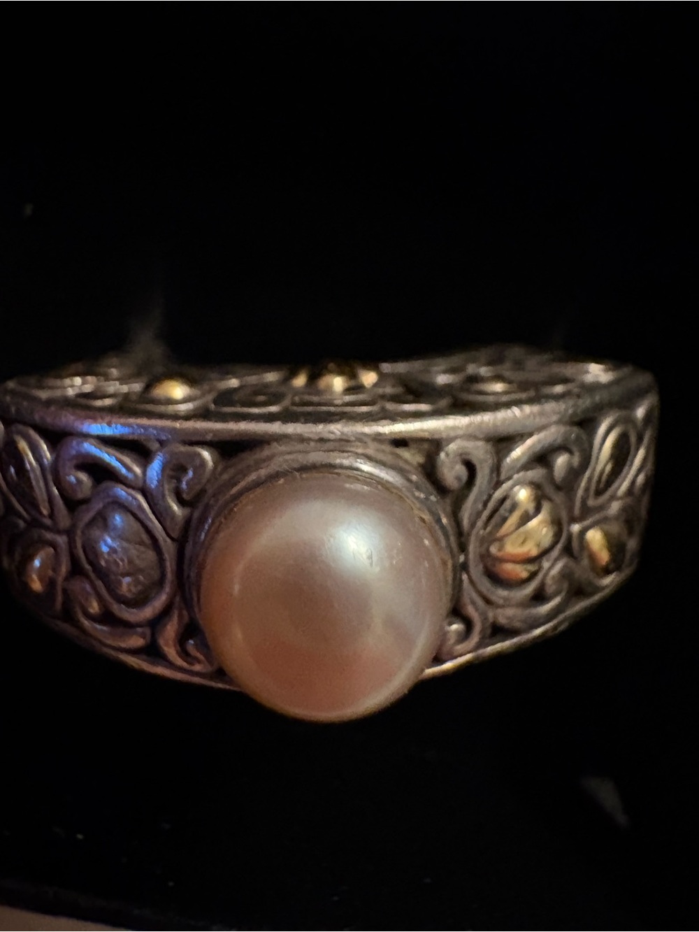 John Hardy Silver Filigree Ring with Pearl Center